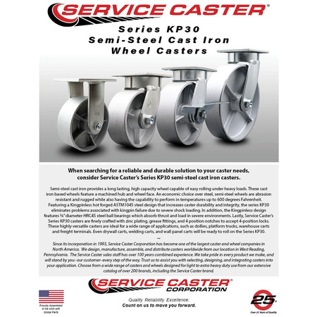Service Caster 8 Inch Kingpinless Semi Steel Wheel Caster Swivel Locks 2 Brakes SCC, 2PK SCC-KP30S820-SSR-BSL-2-SLB-2